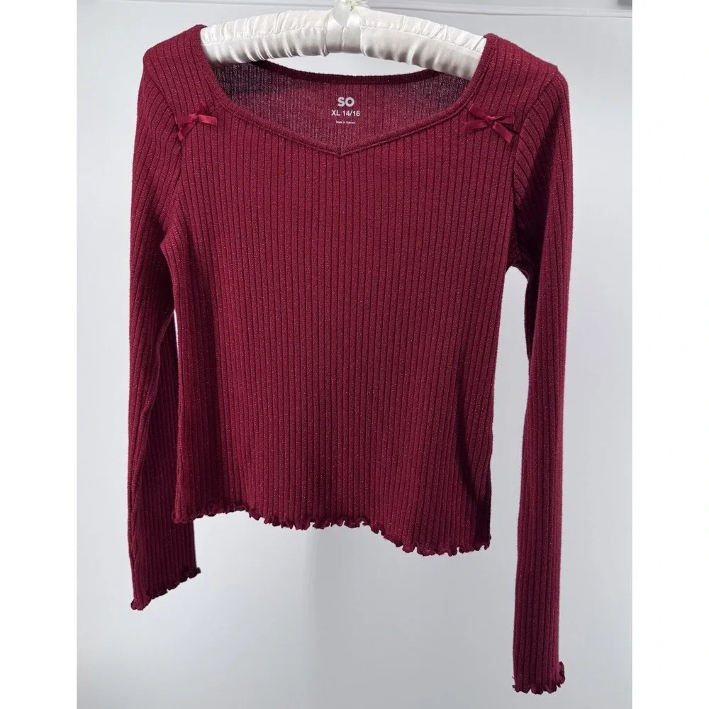 Lot of 2 Girls XL 14/16 Holiday Rib Knit Tops SO Abercrombie Kids Red Green